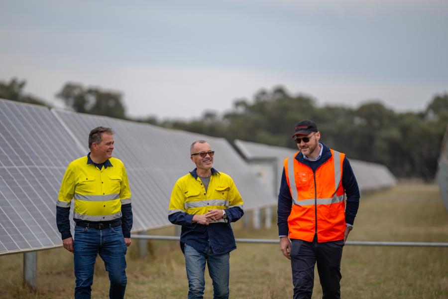 Three men in high vis walking through a solar farm