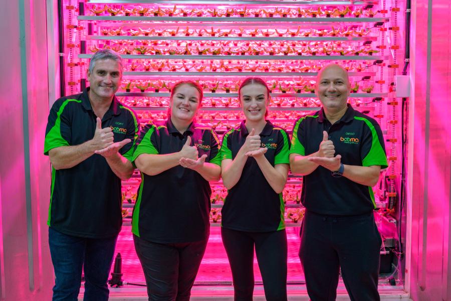 Four colleagues with their thumbs up, smiling at camera in front of converted shipping container lit pink and filled with racks of seedlings