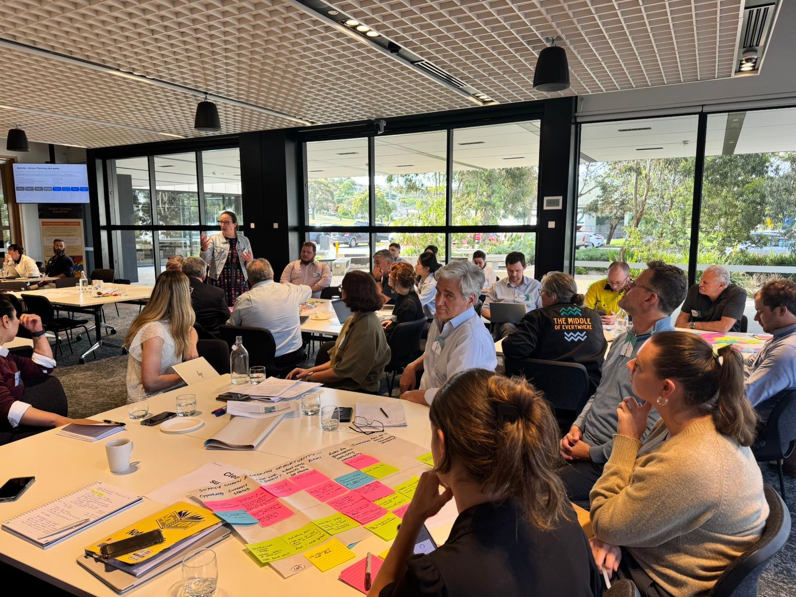 Workshop participants in a room, gathered around tables