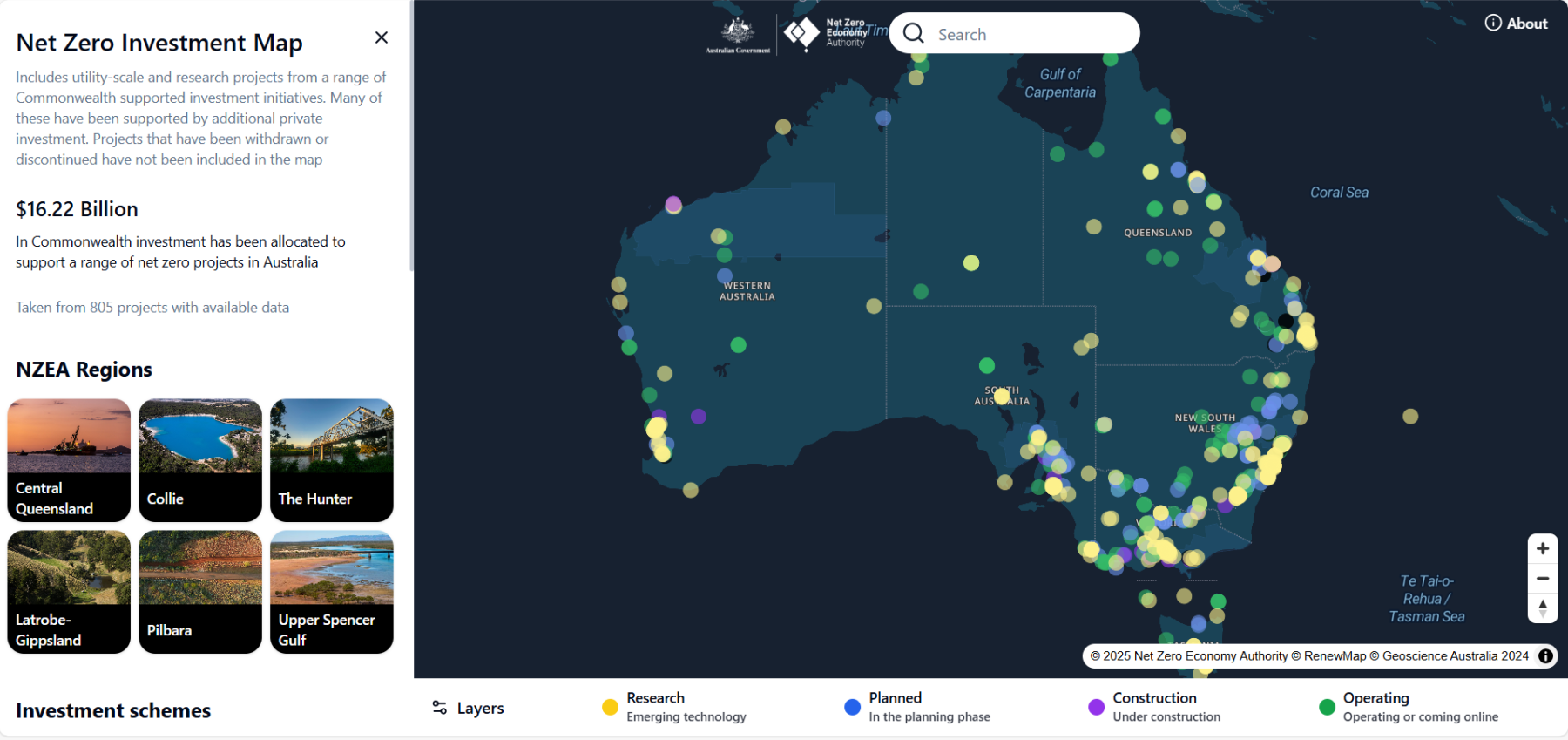 Mao of Australia lit up with dots indicating renewable energy projects
