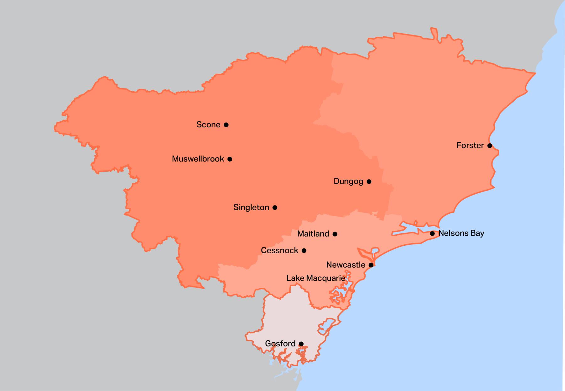 Map of Hunter region showing cities from Forster to Gosford and out to Scone.