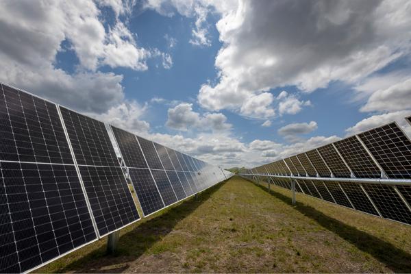 Shot between two rows of solar panels underneath and blue sky with some fluffy clouds