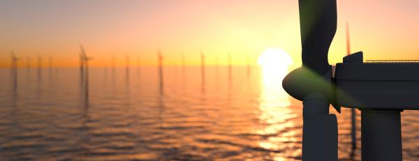 off shore wind turbines example at sunset