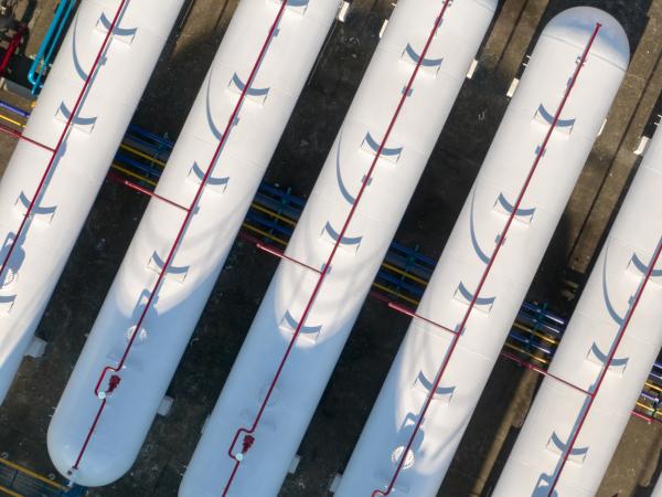 Aerial view of liquefied natural gas storage tanks