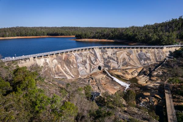 Aerial shot of dam with mural painted with indigenous figures