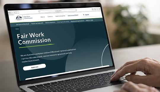 laptop displaying the fair work commission website