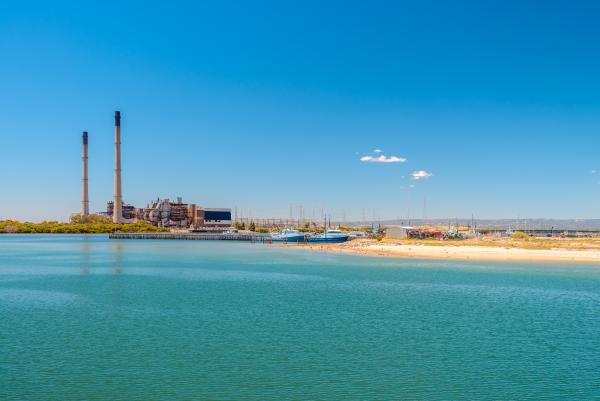 A coastline, including Torrens Island Power Station
